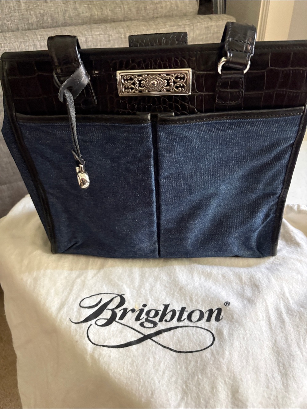 Brighton Navy Denim Tote with Black Leather Trim